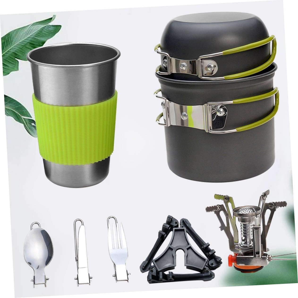 VANZACK Portable Camping Cookware Set Lightweight Outdoor Pot and Cutlery Kit for Hiking Backpacking and Picnics Green Handle for