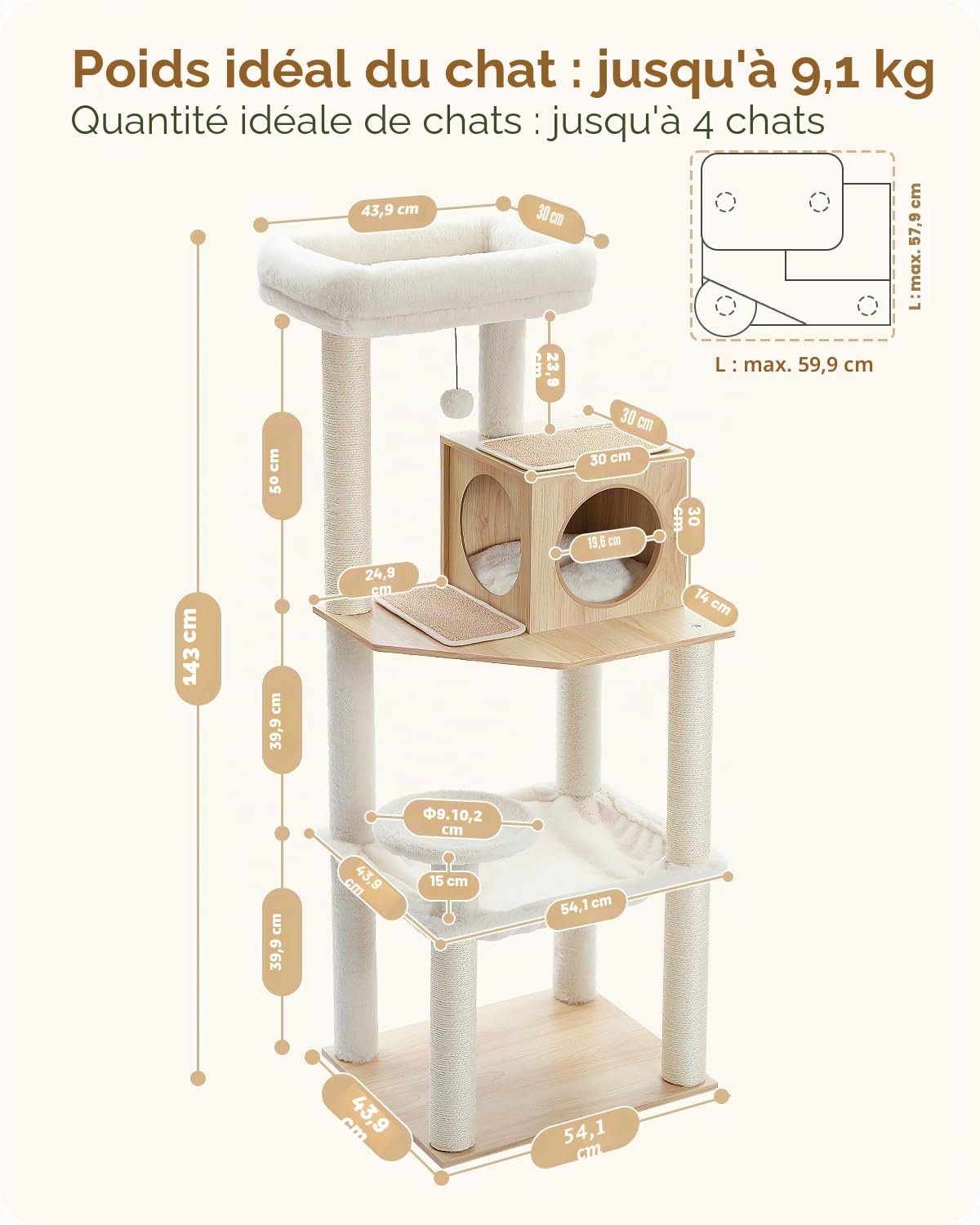 PETEPELA Arbre à Chat Design Moderne, Arbre a Chat en Bois avec Grand Hamac, Perchoir Confortable & Poteaux à Griffer en Sisal, 143 cm, Beige