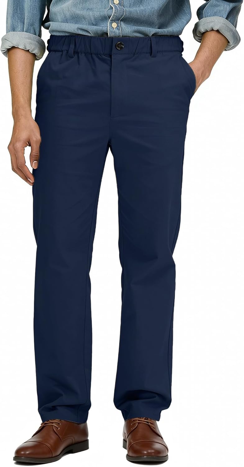 Comdecevis Mens Elastic Waist Pants for Seniors Straight Fit Stretch Slacks for Men Pantalones para Hombre 3XL(42) Navy Blue
