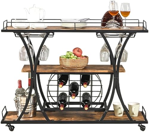 PAG Estante de vino independiente con soporte para copas de vino, gabinete de barra de café de 3 niveles para el hogar, cocina, sala de estar,