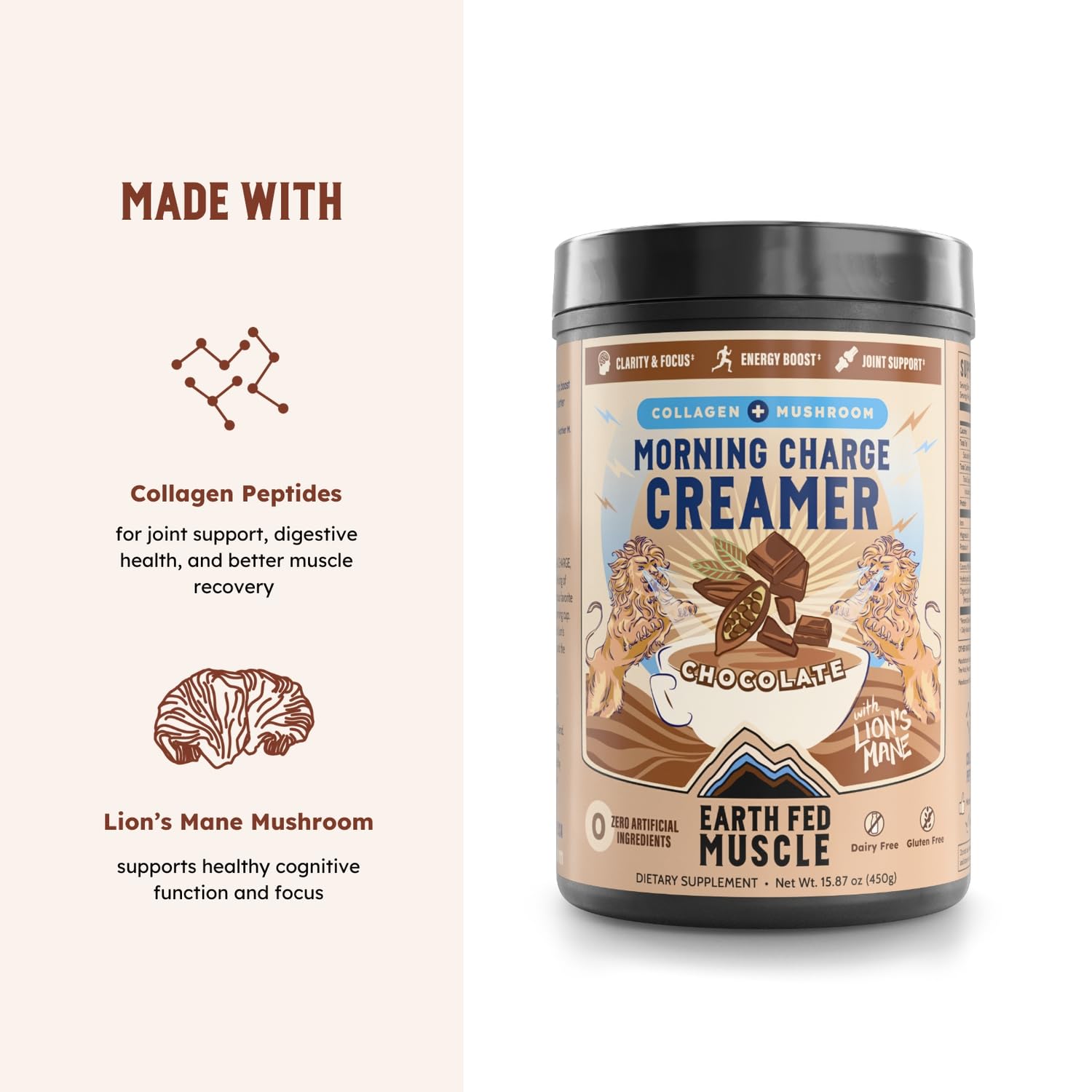 Earth Fed Muscle Morning Charge Chocolate Protein Coffee Creamer with Collagen & Lions Mane - Organic Mushroom Creamer - Dairy Free Keto Paleo Superfood - 24 Servings