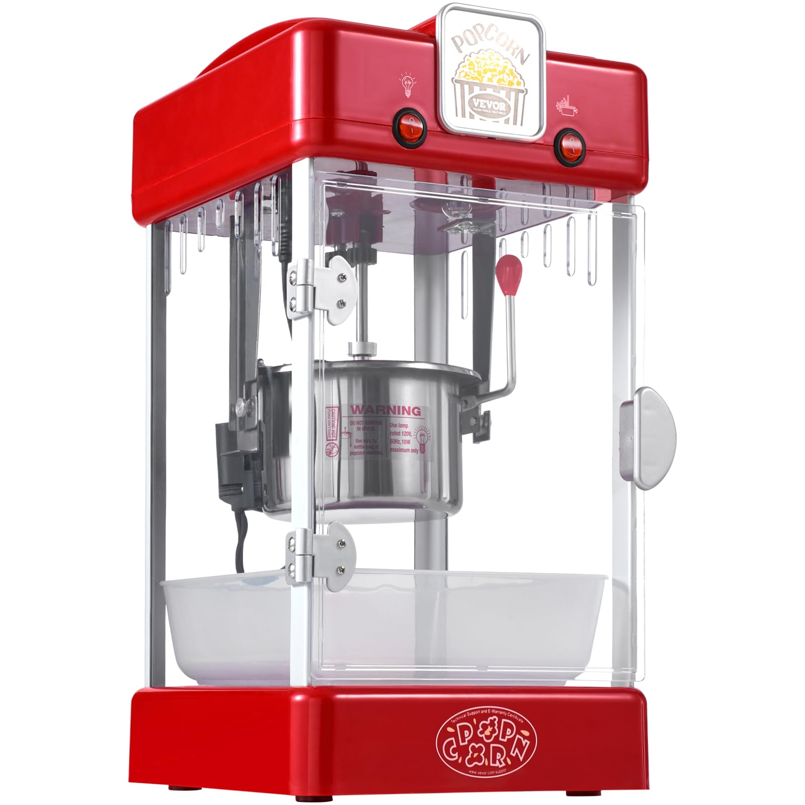 VEVOR Maszyna do popcornu, maszyna do popcornu 300 W, waga 3,25 kg, czajnik 0,07 kg, 3,78 kg na partię, stołowa maszyna do popcornu z drzwiami, w zestawie 2 łyżki tacy, styl teatralny, czerwony