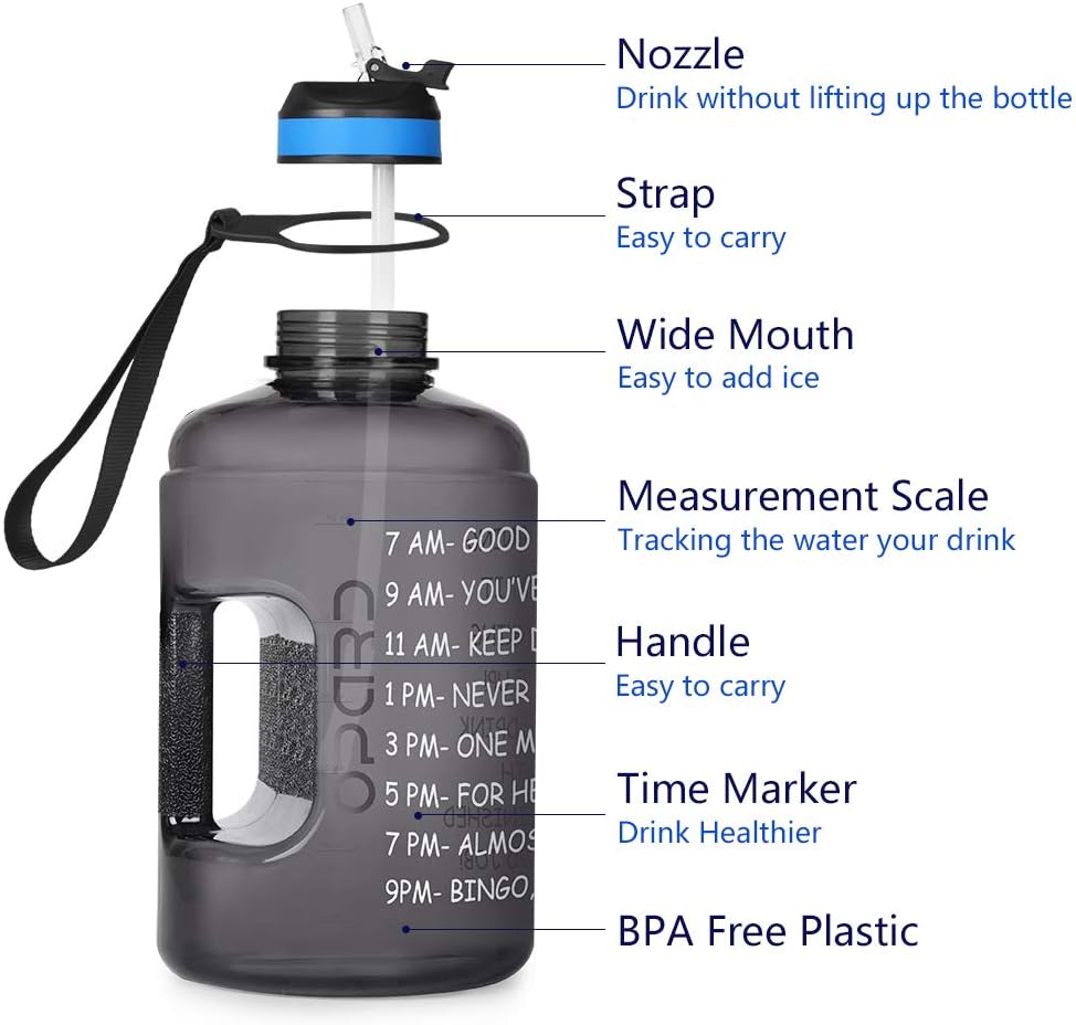 Opard Gallon Water Bottle with Time Marker Straw and Handle 128oz 1 Gallon Water Jug BPA Free Motivational Big Large Sports Water Bottle for Gym Fitness (1-2 Black)