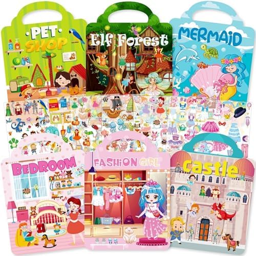 Aannanl Dress Up Reusable Sticker Books for Toddlers Ages 2-4 4-8,3D Puffy Stickers Activity Book Set-Princess Mermaid Fairies Castle Pet and Dress-Up Girls,Suitable for Kids Birthday Gifts