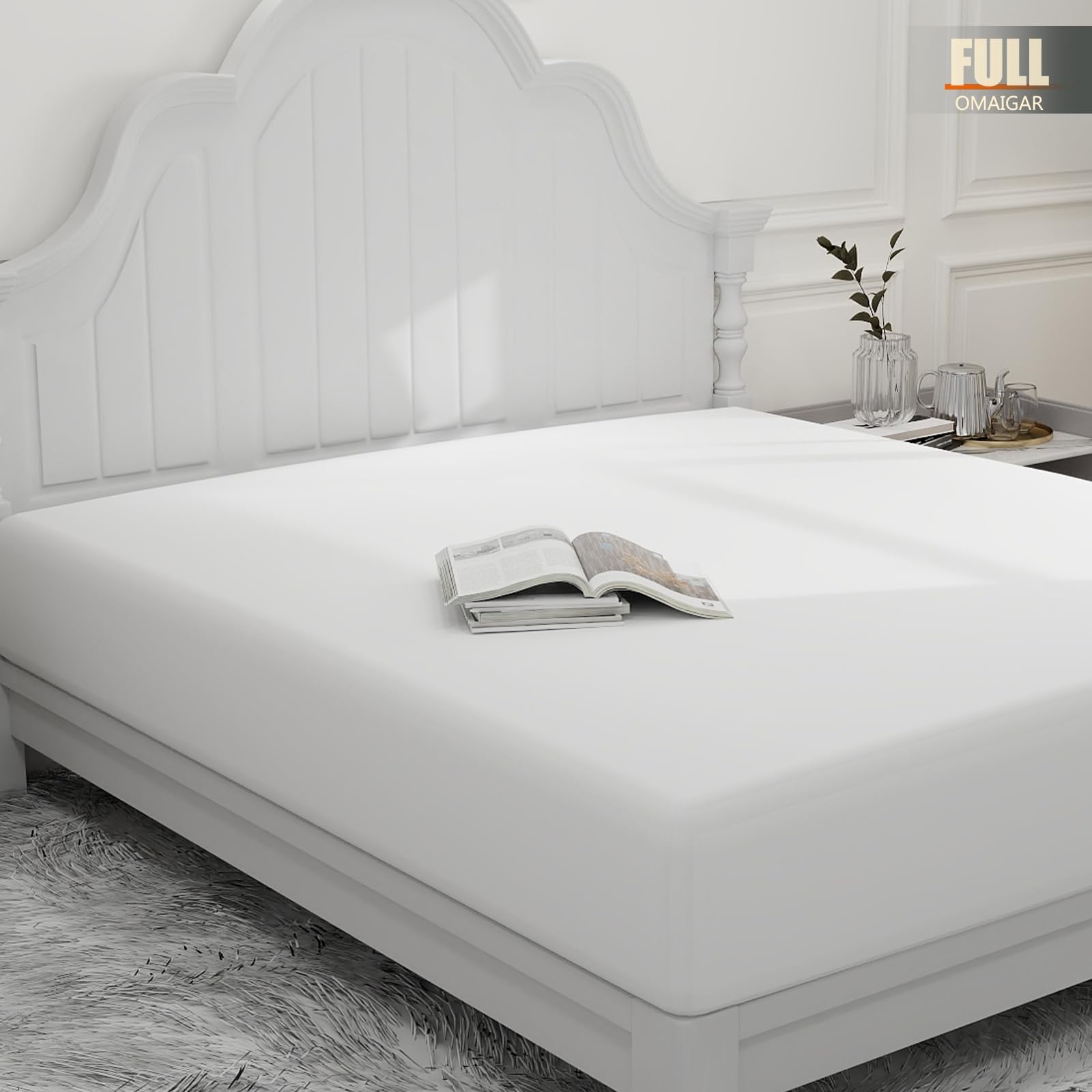 Photo 1 of OMAIGAR Full Fitted Sheet Grey, Single Hotel Luxury Bed Fitted Sheet Only Deep Pocket Soft Breathable Comfy Easy Fit Wrinkle Free(Fitted Sheet, Full, White) Fitted Sheet Only Full White