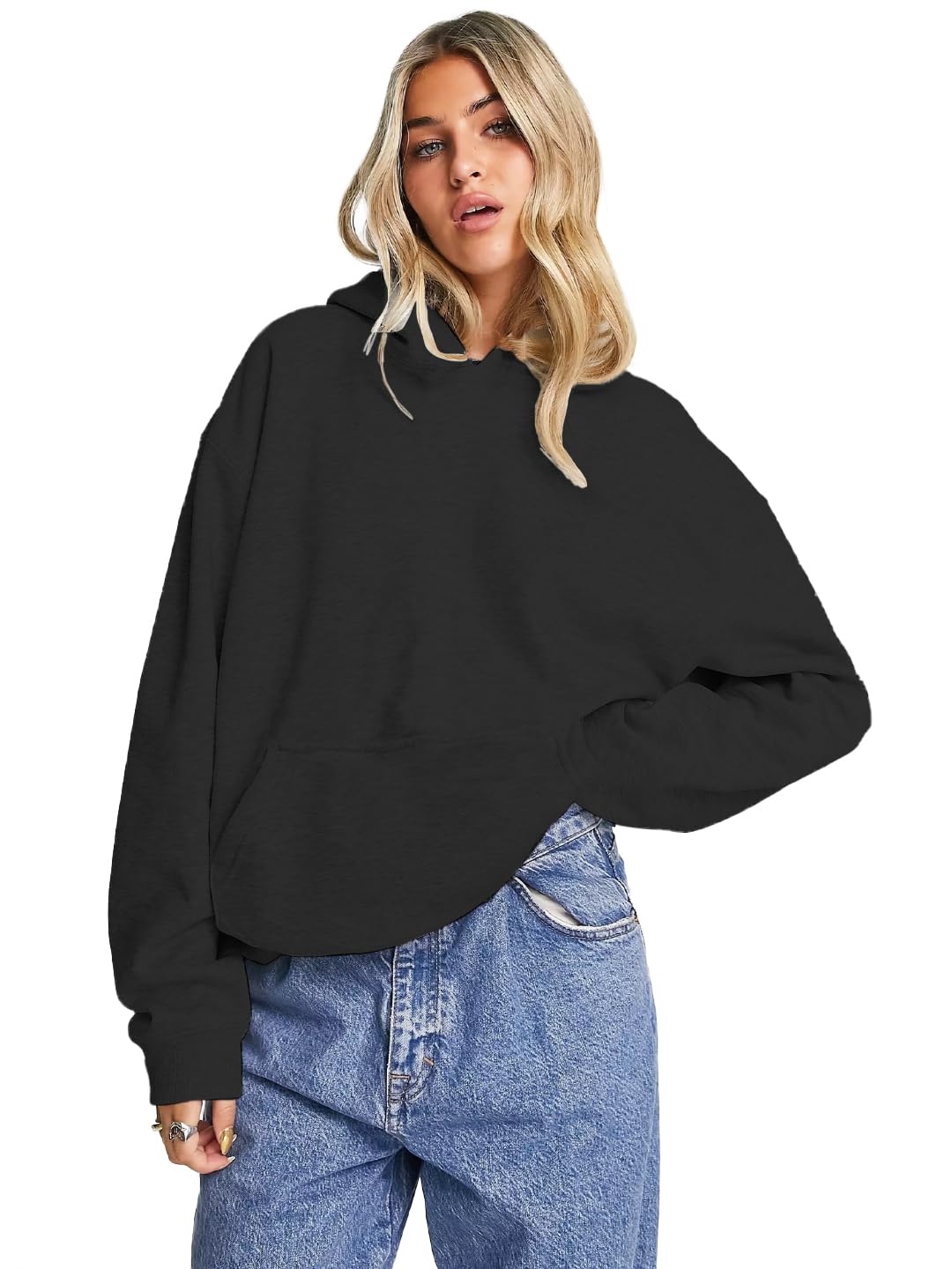 leotude Women Solid Black Loose Fit Sweatshirt with Hood Material Loopknit-picture-24