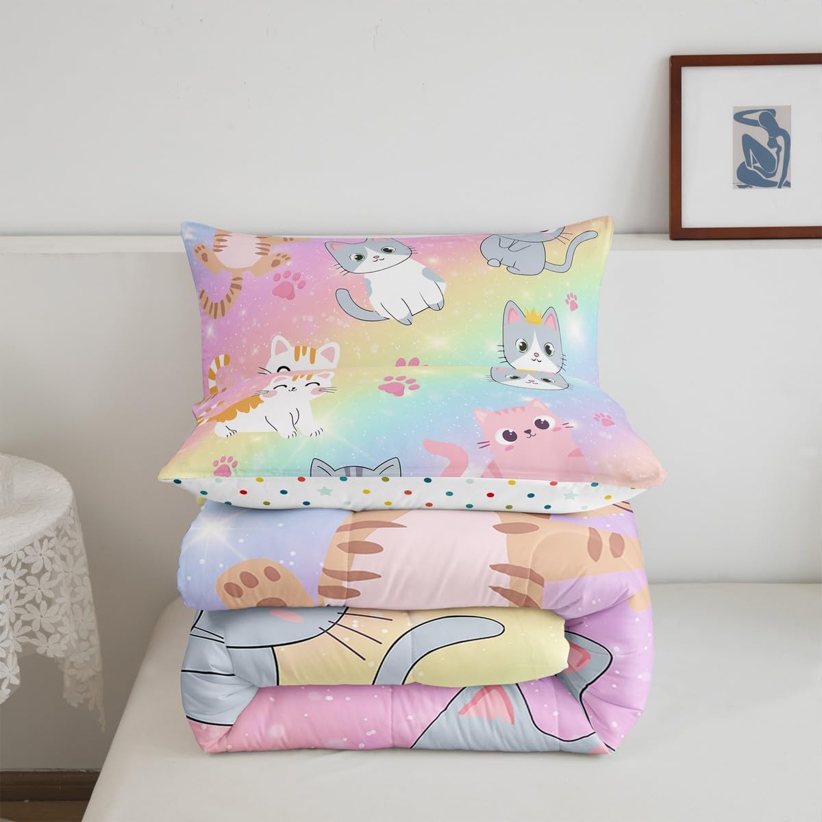 Erosebridal Rainbow Cat Twin Bedding Sets for Girls,Kids Cute Cat Comforter Set Teen Pastel Gradient Glitter Stars Cat Bed Comforter Sets Cartoon Animal Kitten Paw Quilt 1 Pillow Case Colorful
