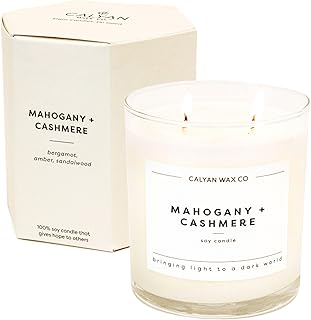 Calyan Wax Mahogany & Cashmere Scented Candle, 37 Hour Burn Time, Aromatherapy Soy Candles, Non Toxic & Vegan Soy Wax, Glass Tumbler Scented Candles, 12.5oz
