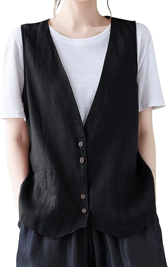COTECRAM Womens Cotton Linen Vest Top Fashion Casual Sleeveless Button Down Jacket Lightweight Summer Loose Vests Outerwear