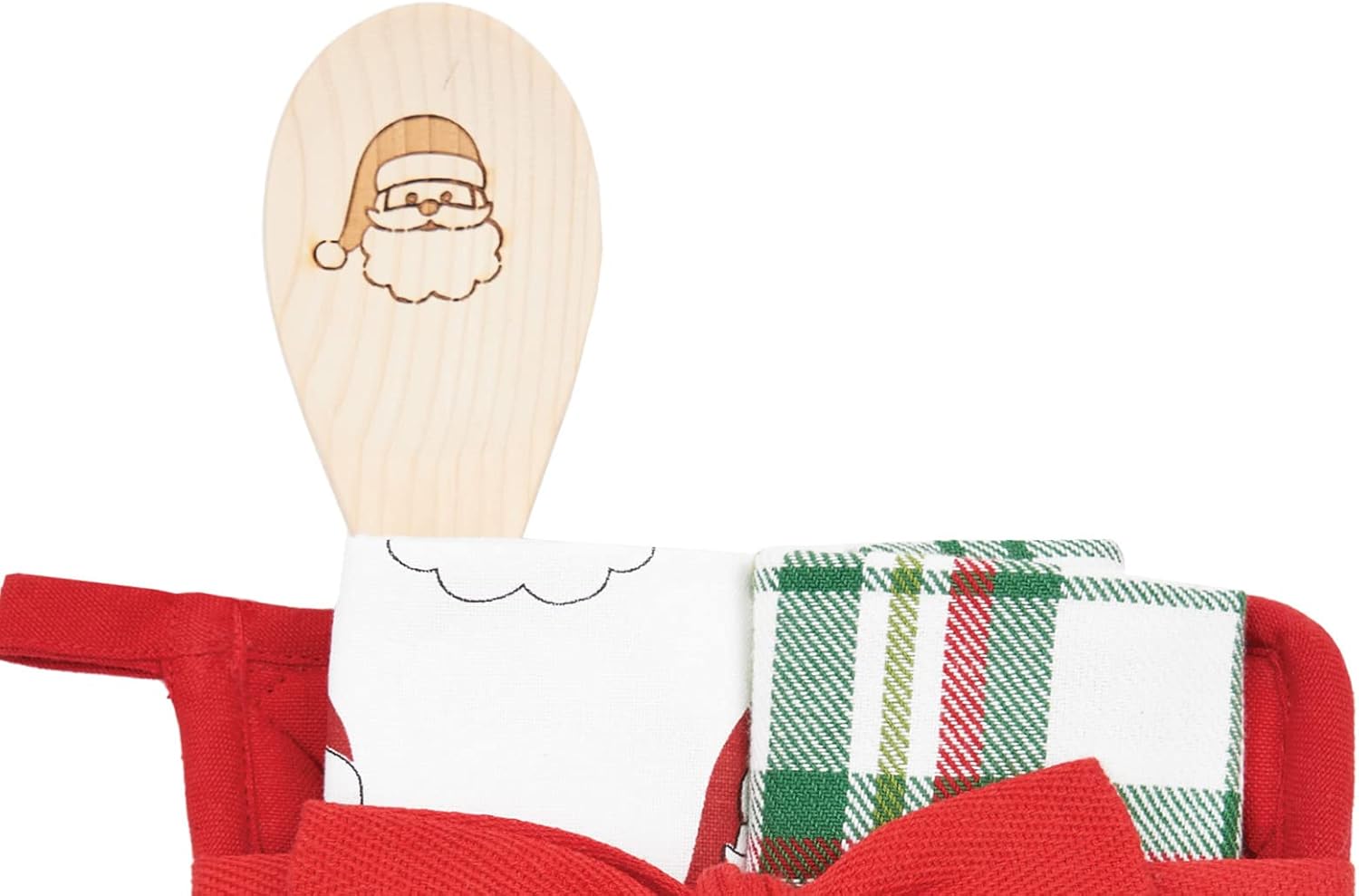 C&F Home Believe in The Magic of Christmas Christmas Santa Claus Potholder Gift Set of 4 Embroidered Pot Holder Printed Kitchen Towel Plaid Kitchen Towel and Mixing Spoon Red