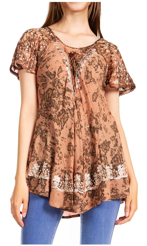 Sakkas Ash Speckled Tiedye Embroidered Cap Sleeve Blouse Top with Embroidery Hems