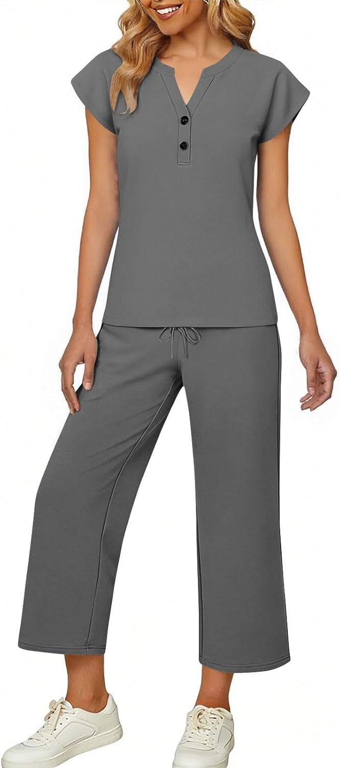 Womens Two Piece Sets Summer V Neck Button Up Henley Shirts Matching Loose Straight Leg Pant Set Travel Clothes