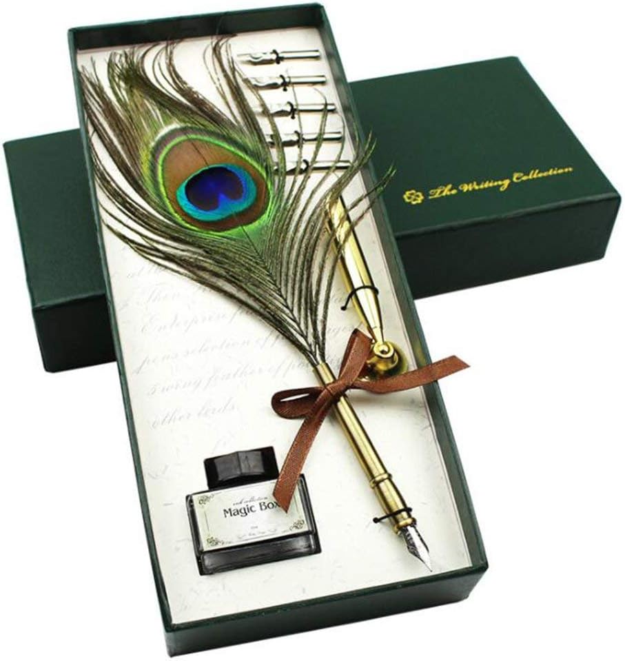 Peacock Feather Pen Set Antique Calligraphy Writing Quill Ink Dip Pen with Holder, Ink and 5 Replacement Nibs in Gift Box-Christmas Gifts