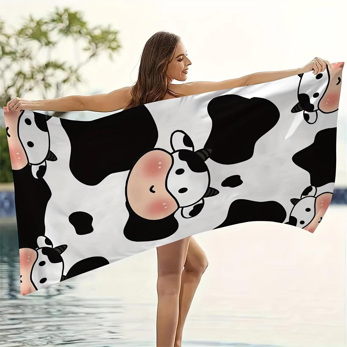 Ręcznik kąpielowy z uroczym nadrukiem krowy - ultramiękki, szybkoschnący, oddychający, wygodny design, na letnie wibracje i dni na plaży (100 x 200 cm/39 x 79)