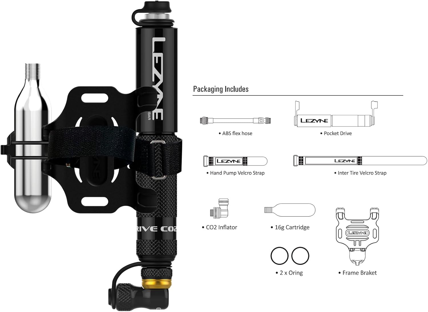 LEZYNE Pocket Drive CO2 Bike Hand Pump with CO2 Chuck - Presta & Schrader Compatible ABS Flex Hose, High-Pressure 160 PSI/11 Bar Aluminum Tire Inflator, Includes Bicycle Frame Mount, 16g Cartridge