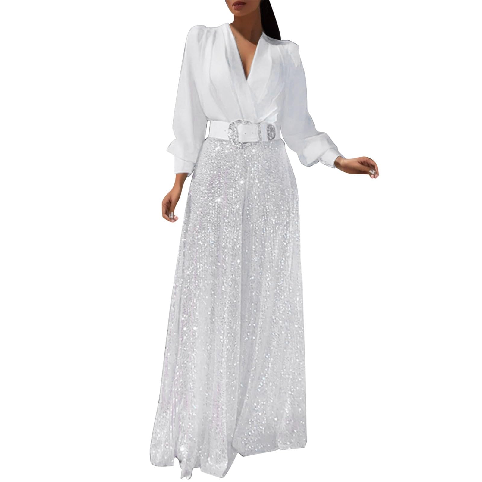 Tute Estive Donna -Tuta Completa Elegante Camicie eleganti e pantaloni a gamba larga Sexy scollo a V profondo Camicetta a maniche lunghe Paillettes alla moPantaloni lunghi Pagliaccetti