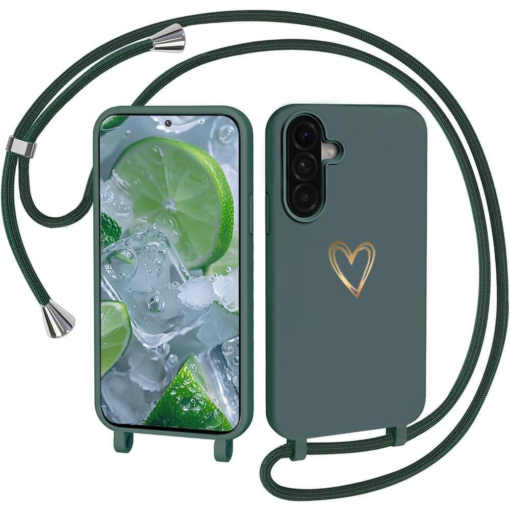 Handyband für Samsung Galaxy A16 Hülle mit Band, MoEvn Herz Love Design Silikon Necklace Handyhülle mit Verstellbar Abnehmbar Kordel zum Umhängen Stossfest Schutzhülle für Galaxy A16 5G,Grün