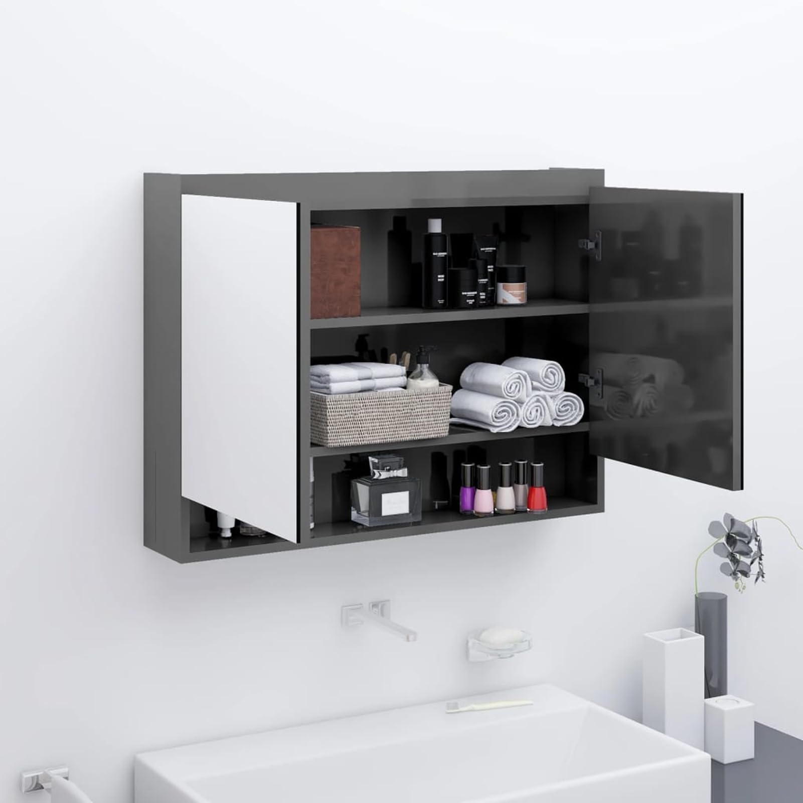 Szafka łazienkowa z lustrem o szerokości 80 cm z płyty MDF, błyszcząca, szara, głębokość 15 cm, wysokość 60 cm, ze szklanym frontem i przyłączem USB