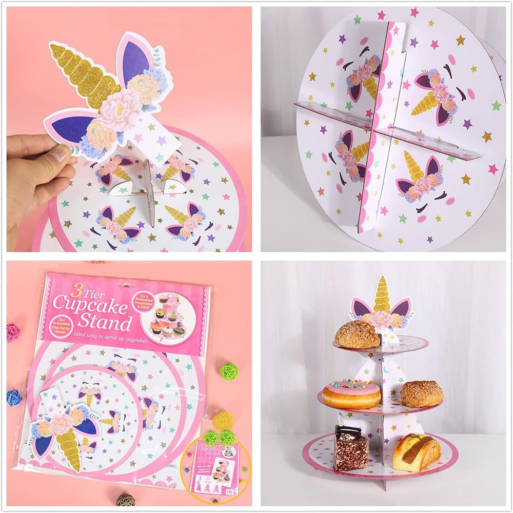 Miaomiao Supporto Per Torte A 3 Ripiani A Forma Di Unicorno - Porta Cupcake In Cartone Per Feste Di Compleanno Per Ragazze - Decorazioni Arcobaleno (28/23/18 Cm) - 2