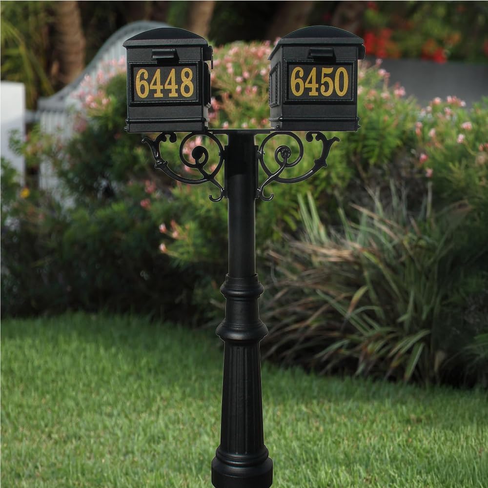 The Hanford Cast Aluminum Twin Mailbox Post System with Fluted Base, 2 Lewiston Mailboxes, Mounting Brackets and Scroll Supports, Ships in 2 boxes