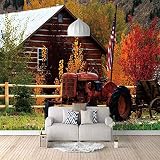 LYSYMO Wall Mural 3D Print Retro Red Tractor Wallpaper Mural Self-Adhesive Non-Woven Photo Wall Art