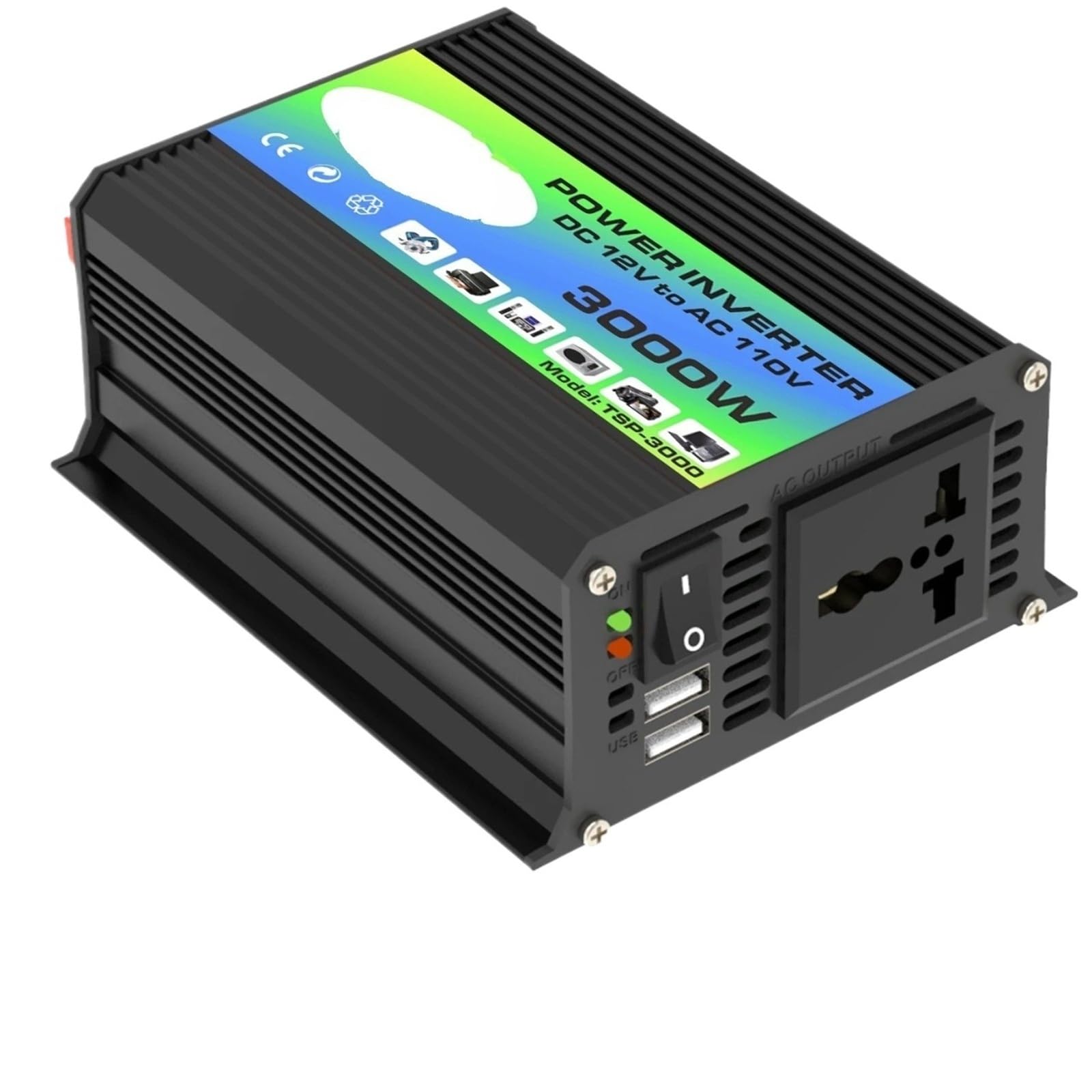 Inversor Potencia Inversor Corriente Máxima Coche 300W Clasificación 3000W 12V CC 220V CA Enchufe Europeo USB Dual Carga Rápida 42a LED USB 8 Protecciones Convertidor(Universal 12V 110V)