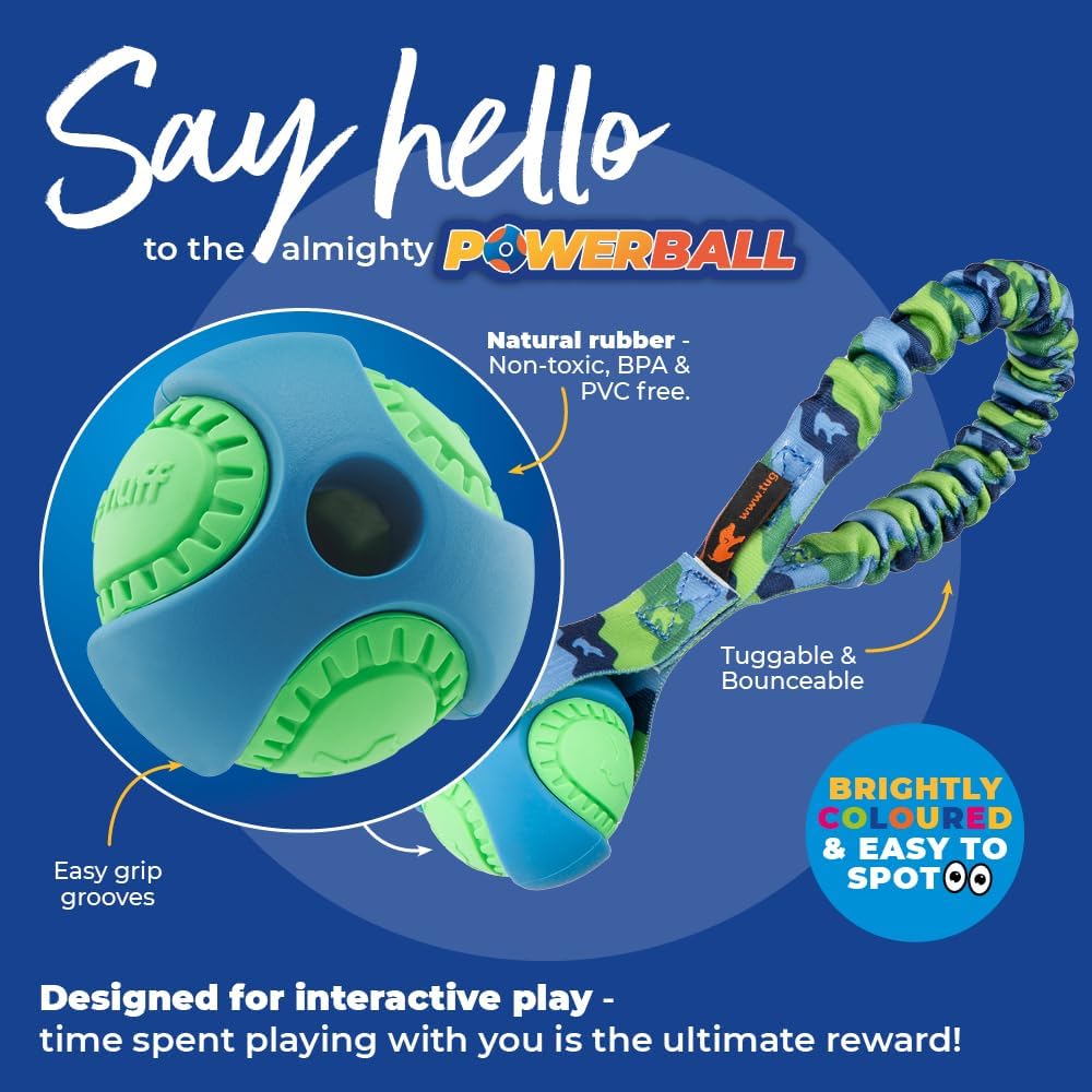Tug-E-Nuff Pocket PowerBall Bungee | Shock Absorbing Bungee Handle | Durable Ball Toy for Dogs | Ideal for Interactive Dog Training and Dogs of All Ages | 23 cm (9 inches) in Size