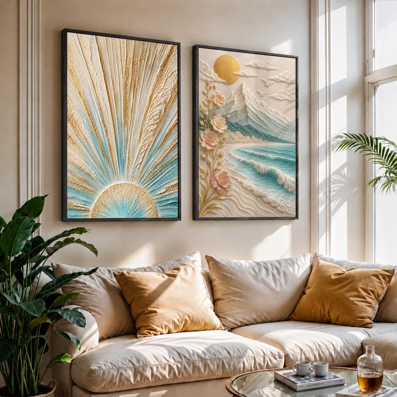 Image of NoWorries Coastal Sunrise Wall Painting Set of 2 with Frame | Textured Sunburst & Beach Landscape Artwork, Ocean Mountain Floral Nature Wall Decor for Living Room, Bedroom, Office and Home Decoration (Art-13, 17x25inch)