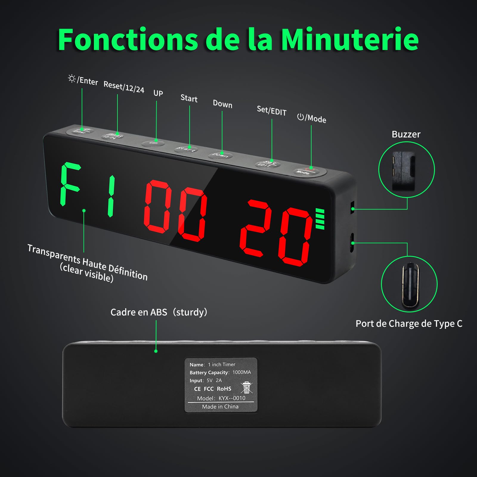 Minuteur Fitness, Portable Horloge Gym Timer, Aimant Puissant, Intervall Timer avec Batterie, Horloge Murale Numerique 12/24H Compte à Rebours/Chronomètre pour la Home/Gym/Garage