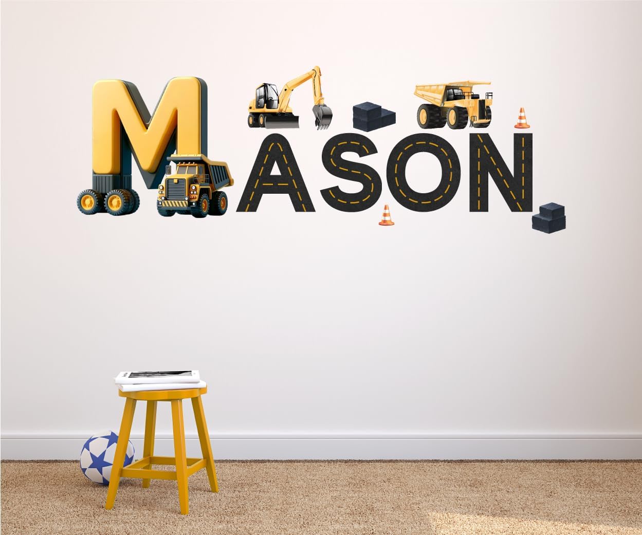 Construction Name Wall Decal for Kids Room - Personalized Dump Truck, Tractor, Excavator, Cement Trucks Unisex Art Mural Vinyl Sticker for Boys Nursery