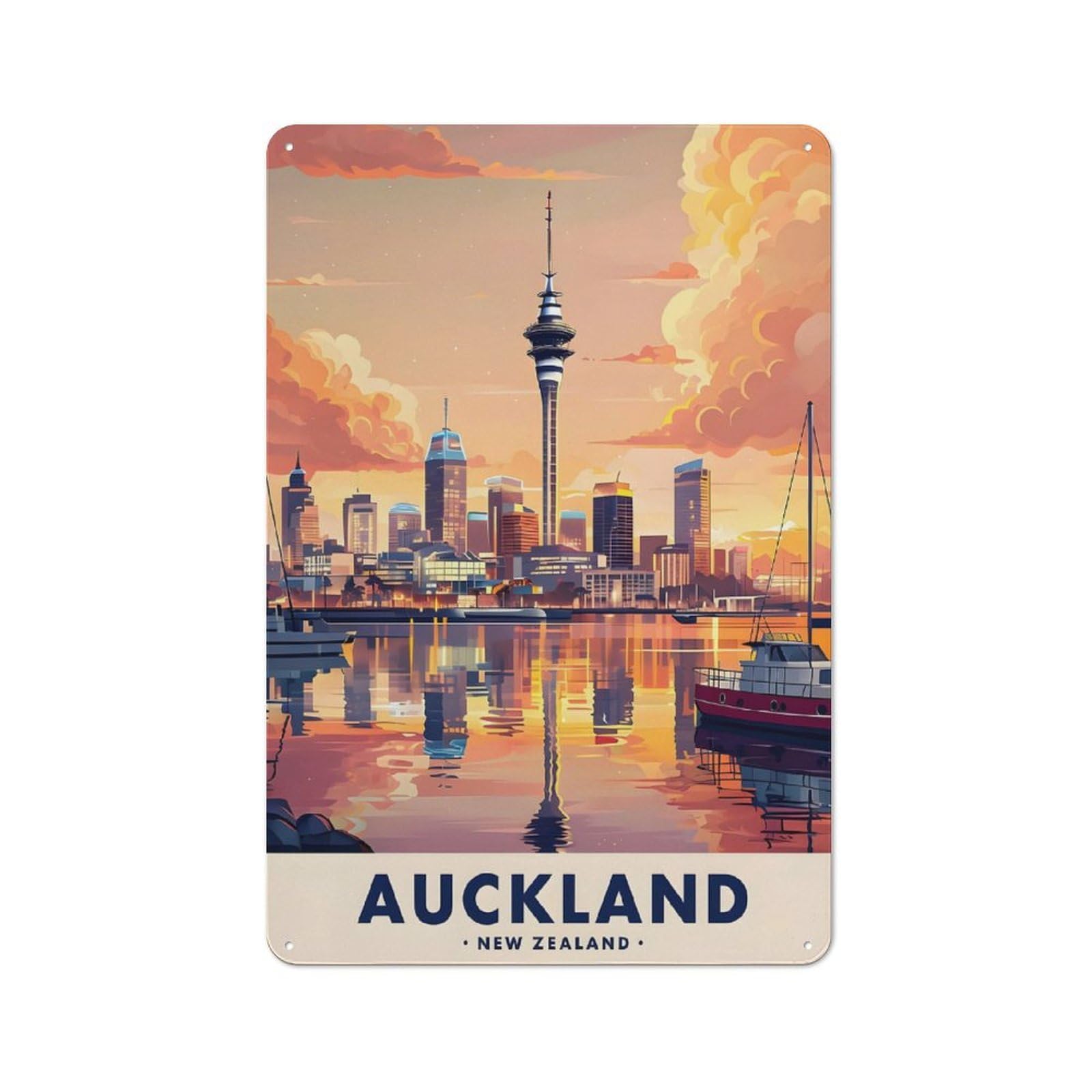 Junmoney Style-22 For Café Or Home Bar, Auckland New Zealand Cityscape Retro Metal Plaque 30X20cm, A Winter Wall Decor Update For Café-Style Decor Fans