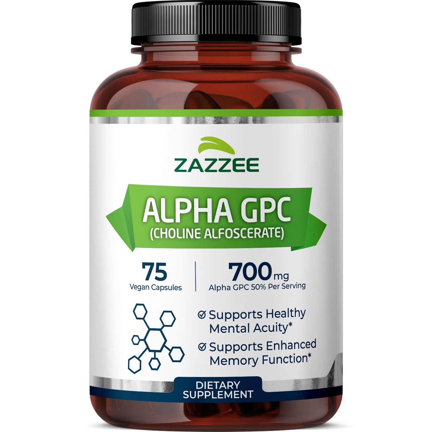 Zazzee Alpha GPC Choline 600 mg per Serving, 75 Count, Vegan, Support for Overall Brain Function, Memory, Focus and Concentration