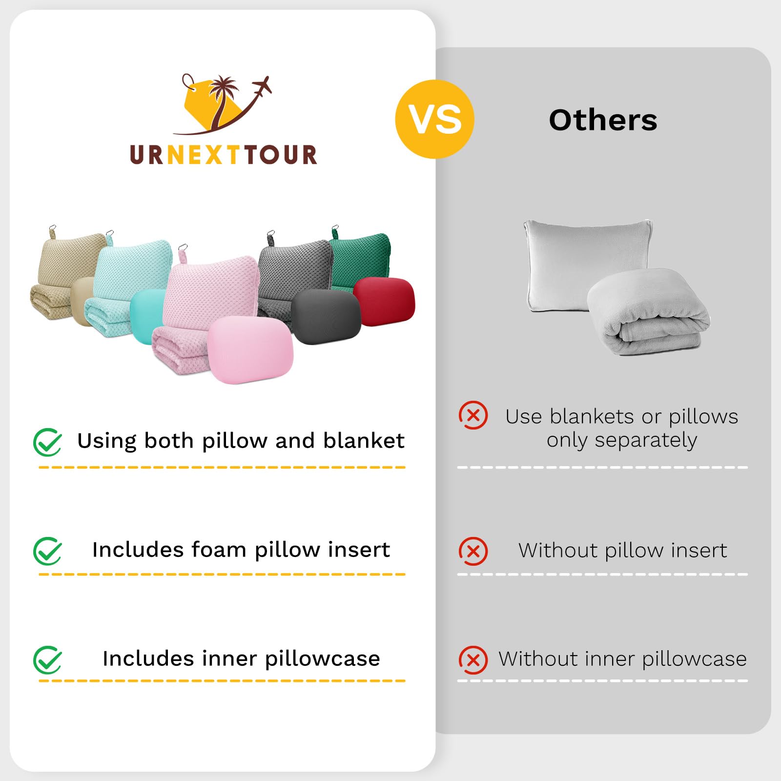 urnexttour Reisekissen Decke Set-3 in 1 Reisekissen Memory Foam, Weiche Reisedecke Flugzeug Kompakt mit Tasche, Innenkissenbezug, Handgepäck Gürtel und Rucksackclip, für Flugzeug Auto, Grün
