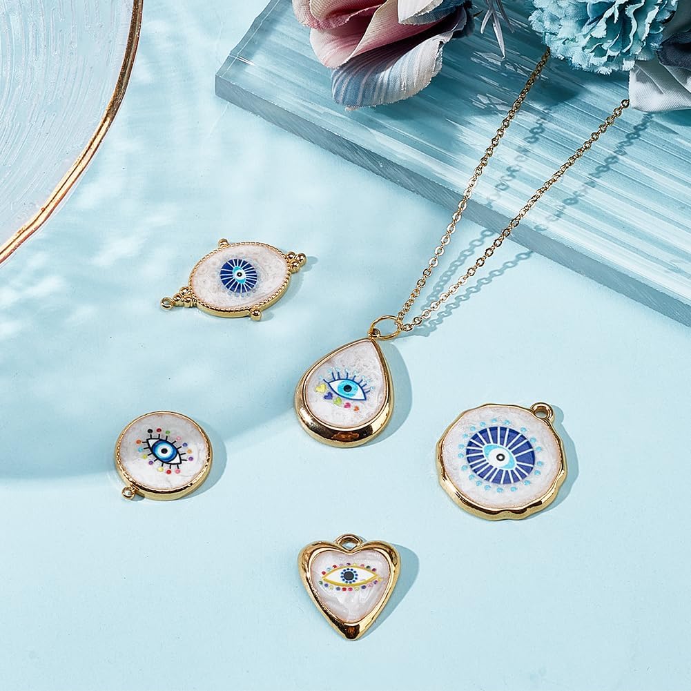 Beebeecraft 5Pcs 5 Styles Enamel Evil Eye Charms 18K Gold Plated White Blue Oval Teardrop Heart Shape Eye Pendant Charms for Jewelry Making - Image 3