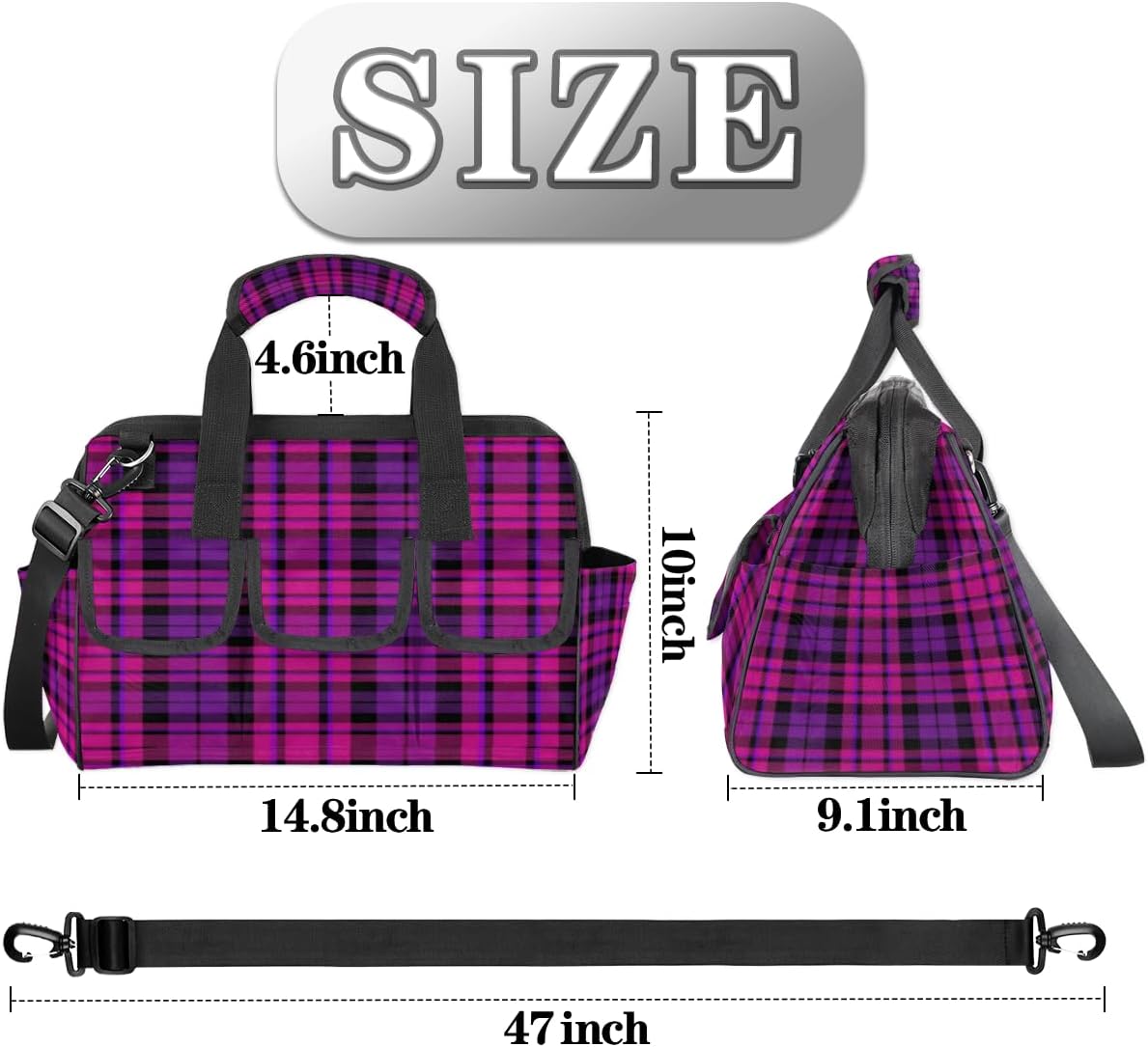 Tool Bag with Multi-Pockets Soft Handle Adjustable Shoulder Strap Purple Pink Checked Portable Sturdy Waterproof Durable Wide Mouth Tote for Instrument Mechanic Carpenter