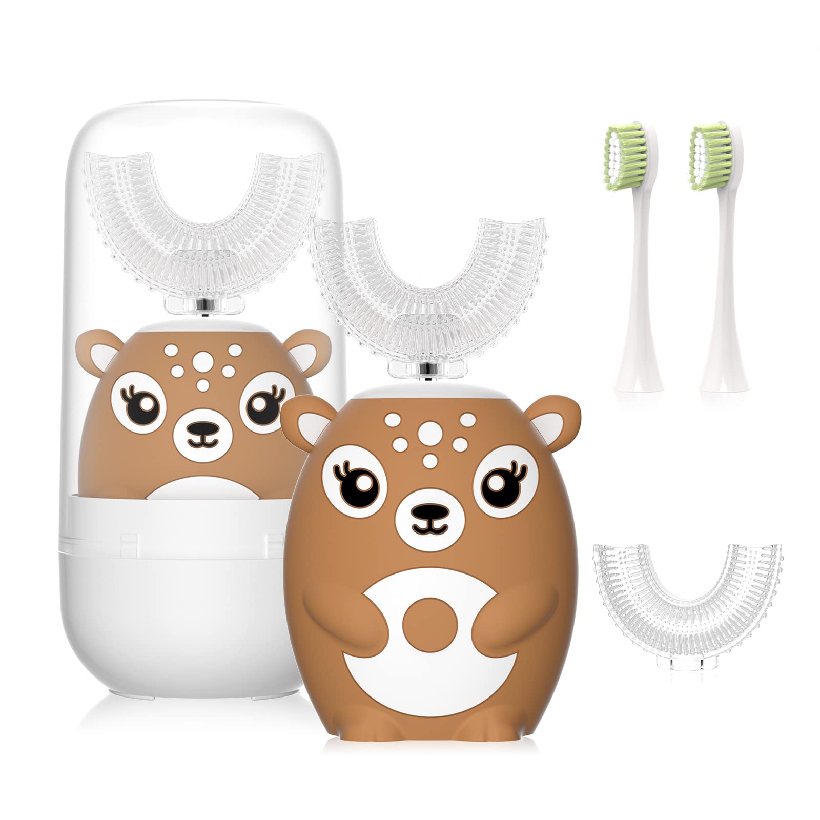 JIANLEJIA Kids Electric Toothbrushs U Shaped Sonic Automatic Toothbrush with 4 Brush Heads, Six Cleaning Modes,Cartoon Deer Modeling, Full Toothbrush Mouth for Baby