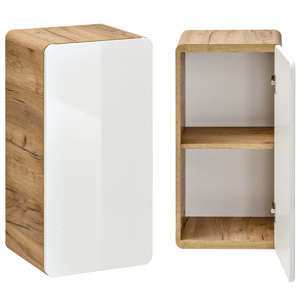 Lomadox Badezimmermöbel Set in Hochglanz weiß mit Wotan Eiche Nb., 60 cm Keramik-Waschtisch mit Unterschrank, LED-Spiegelschrank, Unterschrank & Hängeschrank