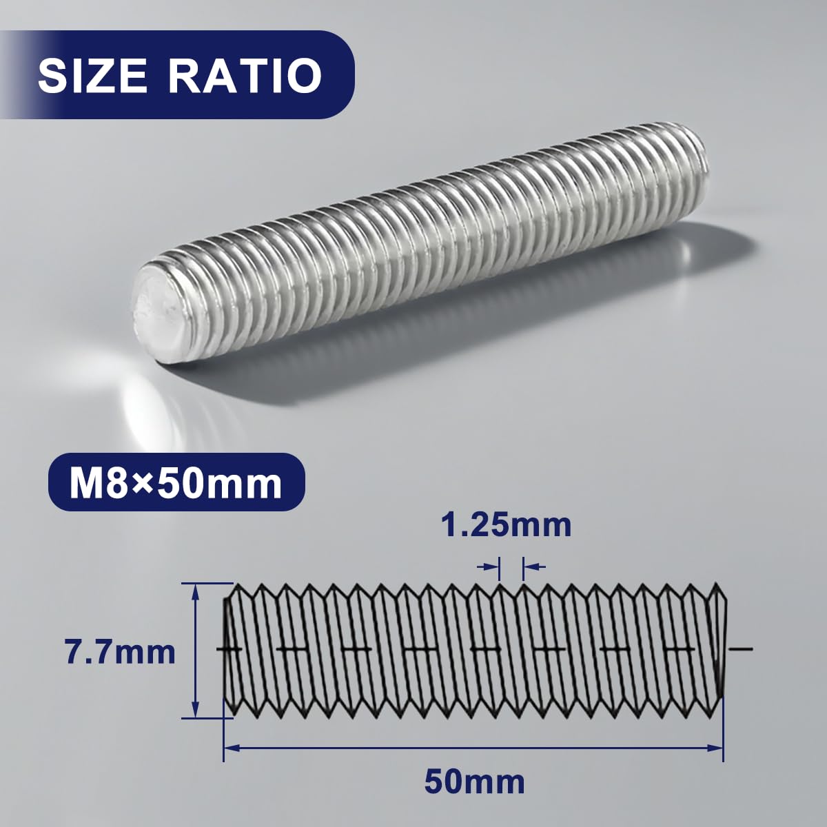 Drenky M8 X 50mm Threaded Rods, 304 Stainless Steel, 10 Pack, Silver, DIN976 Compliant, Heavy-Duty Assembly & Engineering Use - Image 2
