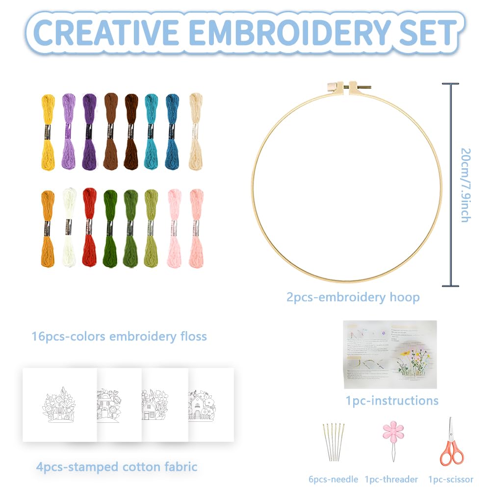 FREEBLOSS Stickset Für Erwachsene Anfänger Blumenhaus Motiv Vorgestanzte Stickvorlagen Stickstarter Set Mit Anleitung Kreuzstich Sets Für Frauen DIY Bastelgeschenk 4 Zoll