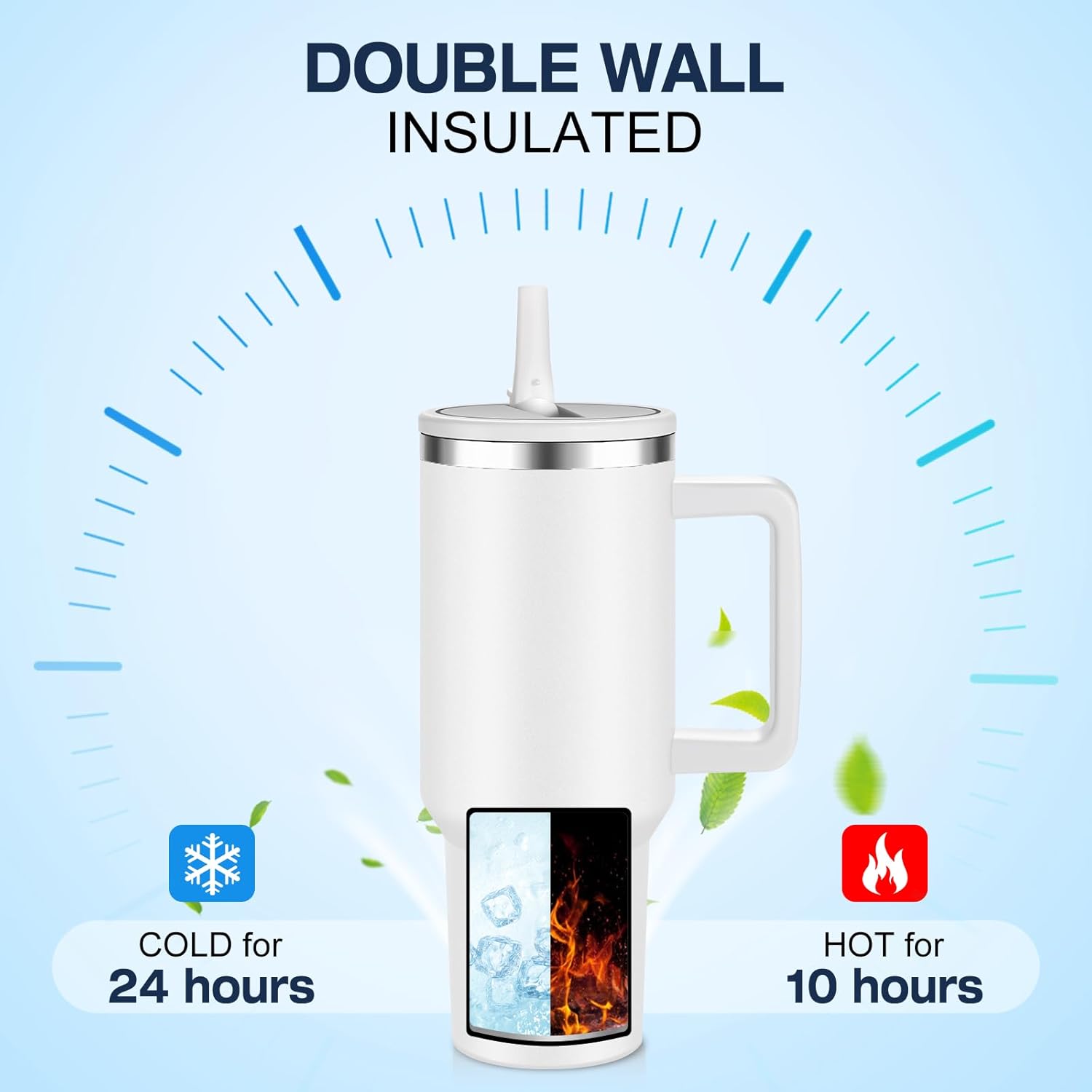 FOLAI 4 Pack 40oz Insulated Tumbler with Handle, Straw & Flip Lid, 100% Leak-Proof Stainless Steel Double Wall Vacuum Cup - 24H Cold & 10H Hot, Cup Holder Friendly Travel Tumbler | White - Image 4