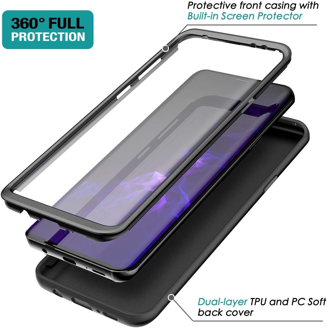 SURITCH Samsung Galaxy S9 Plus Case, [Built-in Screen Protector] Matte Black Hard Full-Body Protection Shockproof Rugged Bumper Protective Cover for Galaxy S9 Plus 6.2 Inch (Matte Black)