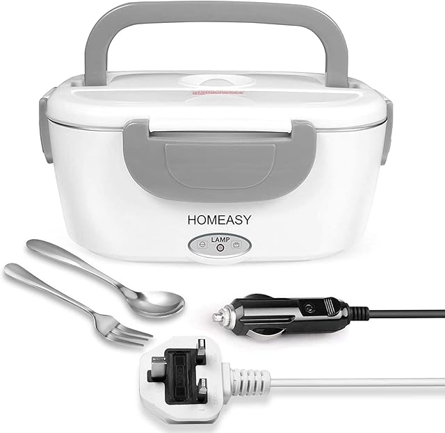 Electric Lunch Box, homeasy 2 in 1 Food Heater Warmer 1.5L Removable Food-Grade Stainless Steel Container Portable for Car, Office, School and Home Use 220V & 12V Spoon Grey