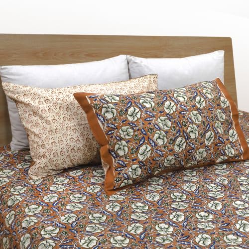 Image of TOAI Hand Block Printed Bedsheet | Bed Spread Flatsheet Bed Sheet | Pure Cotton | Queen Size 90 inchx108 inch | 210 TC Luxury Cotton | 2 Reversible Pillow Covers | Dabu Bagru | Rust Floral