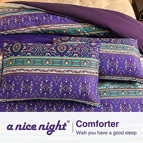 A Nice Night Boho Floral Mandala Paisley Bohemian Purple Printed Comforter Set, Colorful Boho Chic Medallion Exotic,Soft Microfiber Queen Bedding Set (Boho-Purple) #TOP6