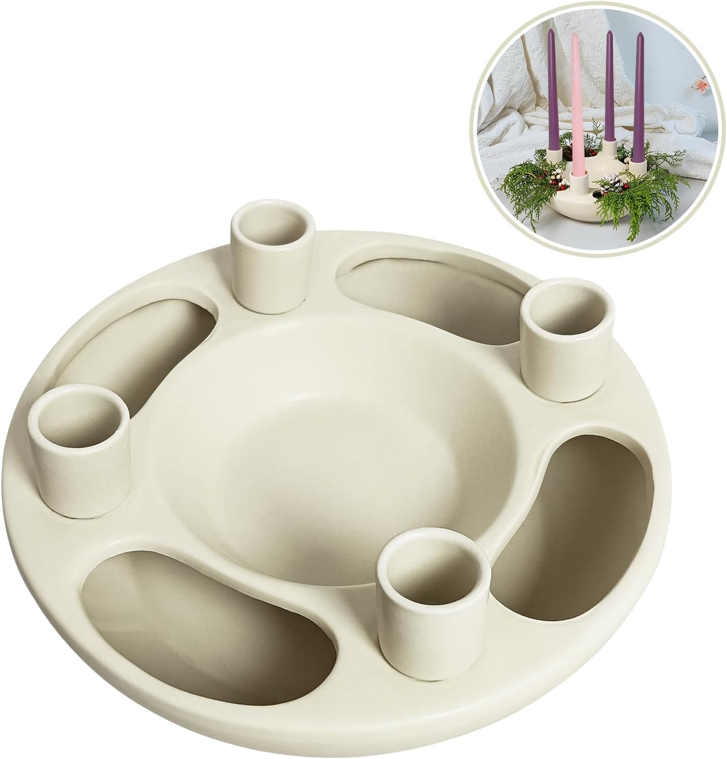 Christmas Advent Wreath White Ceramic Candle Holder - 4 Hole Centerpiece for Home Church Altar Party Table Decor & Real Greenery