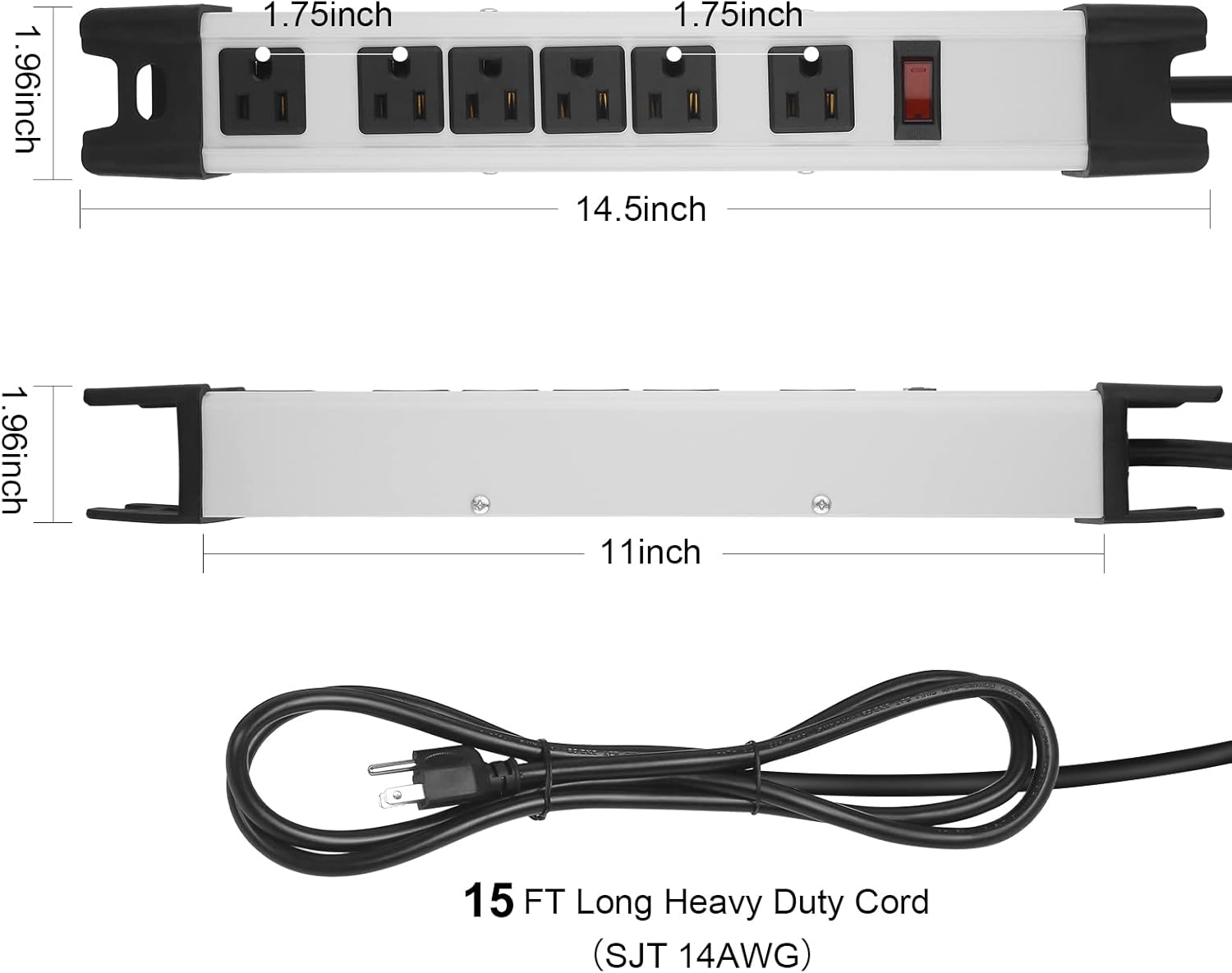 Heavy Duty Surge Protector Power Strip - 6 Outlet Industrial With 15A, Shop Workshop Garden Metal, 6FT Cord, 1200 Joules, ETL Listed (15FT, Grey)