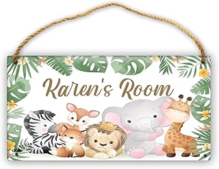 Personalized Jungle Safari Animal Kid Room Door Sign Custom Name Zebra Lion Giraffe Elephant Girls Boys Bedroom Toddler Baby Nursery Decor Art Wall Plaque Hanging Wood Signs