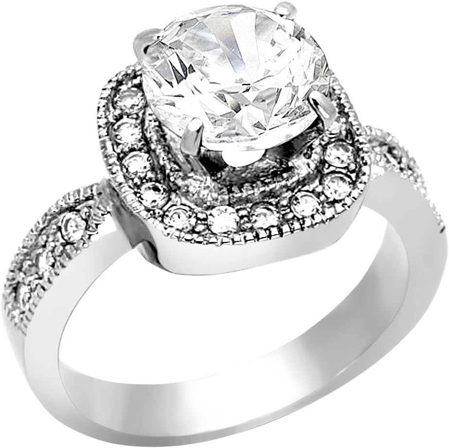 Marimor Jewelry 3 Carat Round Cut Cubic Zirconia Stainless Steel Halo Engagement Ring Size 5-10