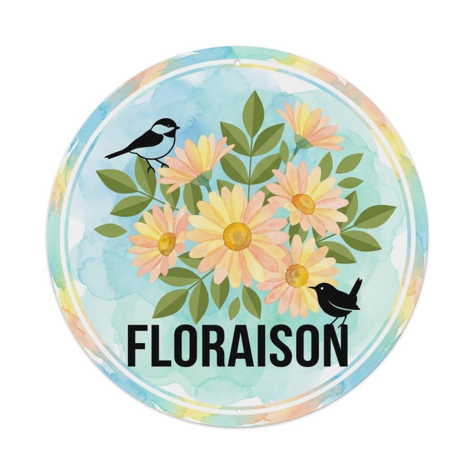 Floraison Watercolor Bird Slogan Daisy Bouquet Metal Tin Sign