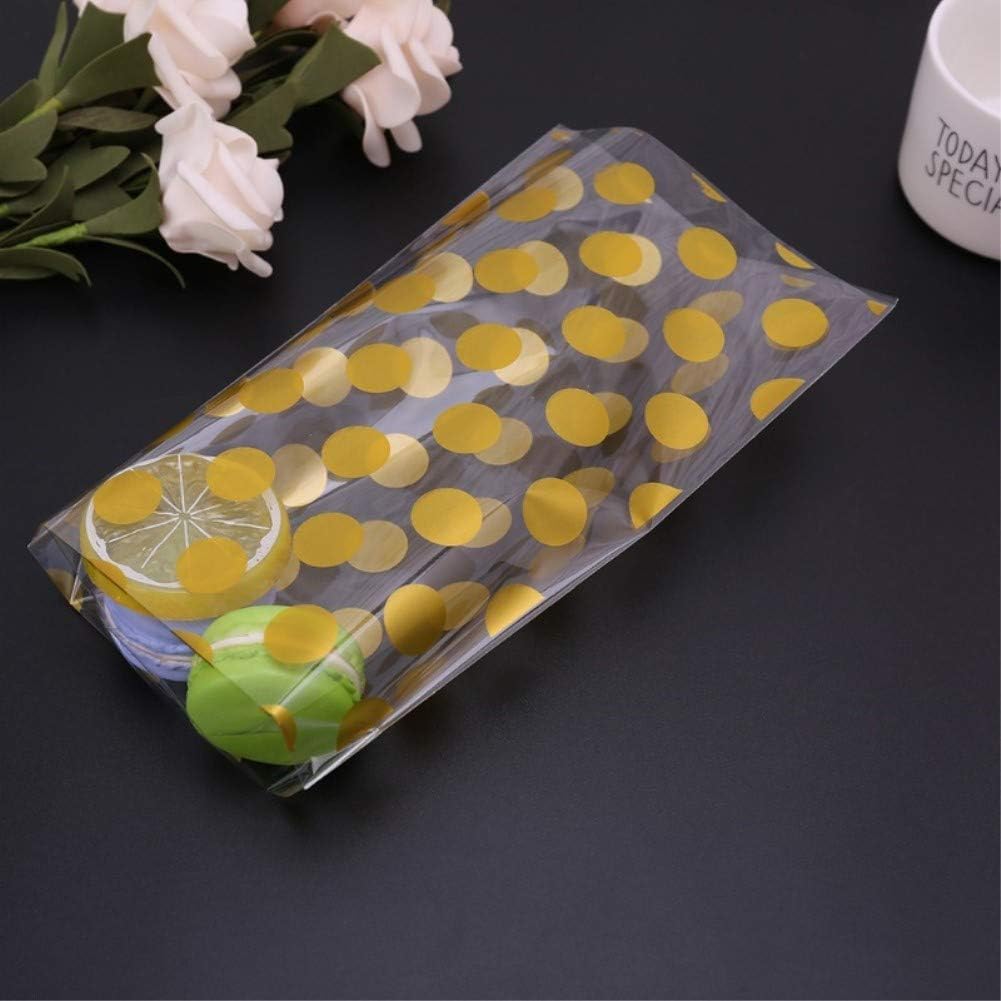 200 Pack Gold Polka Dot Candy Cookie Bags with Golden Twist Ties, 8.1 x 5 x 1.8 inch Clear Plastic Bags for Cookies Candy Snack Wrapping Wedding Gift Party Favor,Valentine'day(8.1X5, Gold)